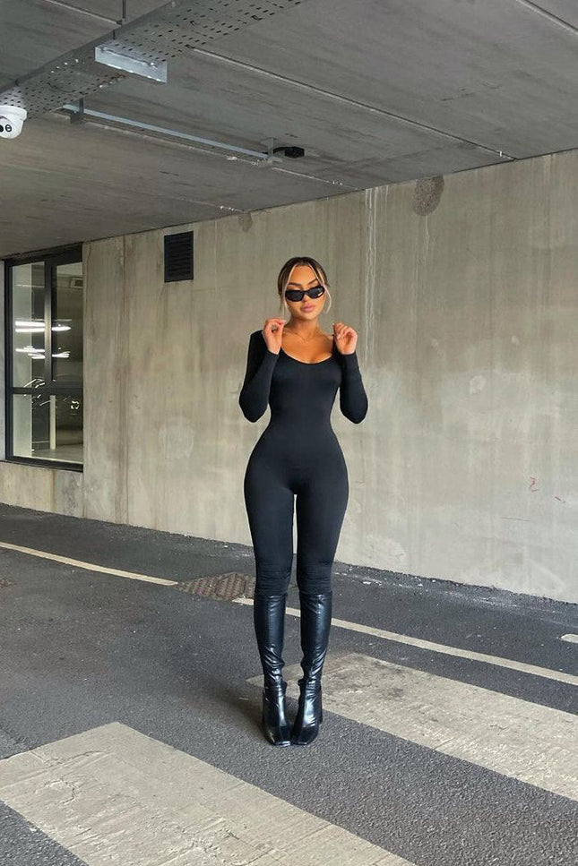 Geneva Black Seamless Long Sleeve Jumpsuit