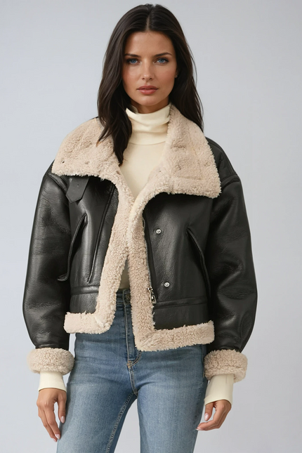 Rhea Sherpa Faux Leather Flight Jacket