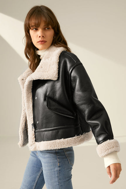Rhea Sherpa Faux Leather Flight Jacket
