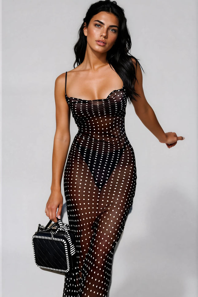 Dubrovnik Chiffon Sheer Polka Dot Print Backless Mesh Maxi Dress