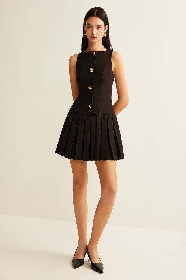 Arles Metal-Button Pleated Mini Dress