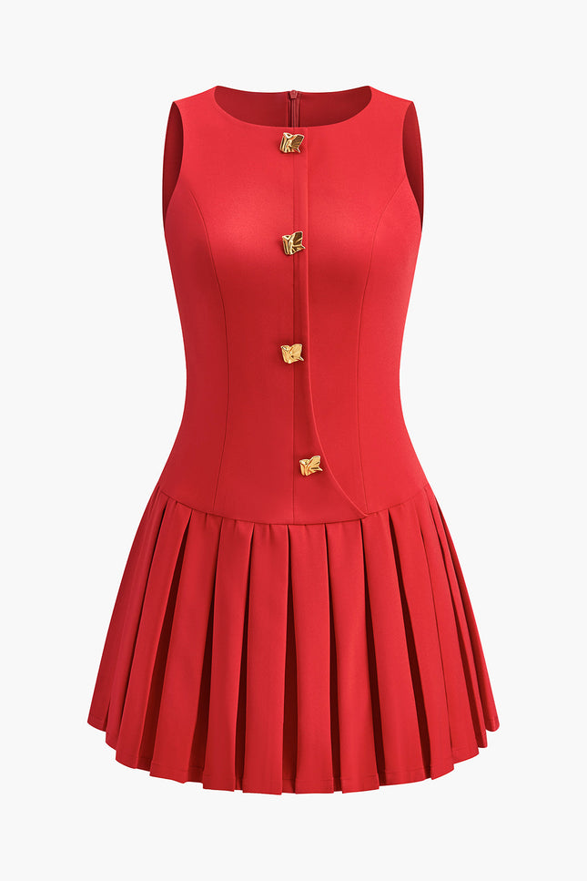 Arles Metal-Button Pleated Mini Dress