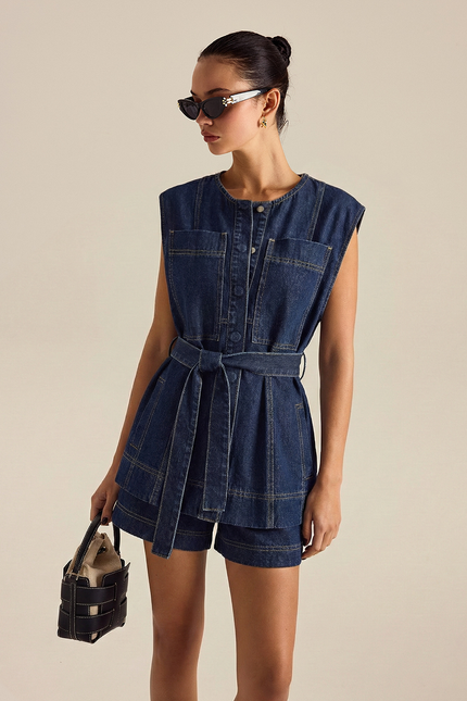 Torino Belted Denim Vest & Shorts Set