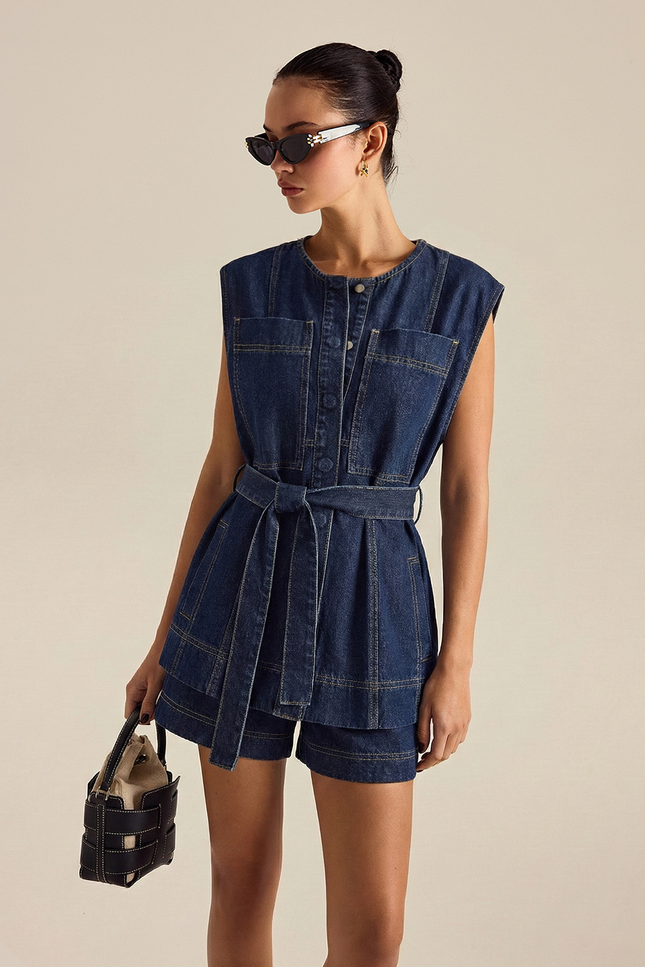 Torino Belted Denim Vest & Shorts Set