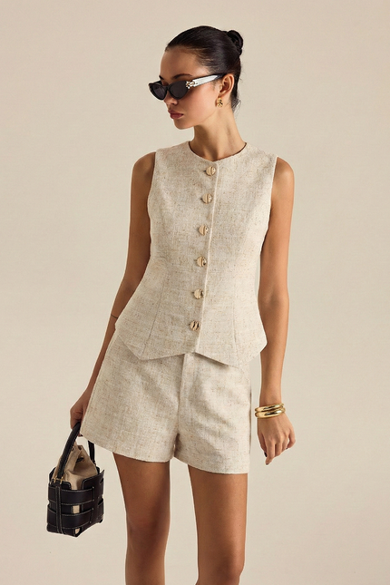 Cortina Tweed Buttoned Vest & Mini Shorts Set