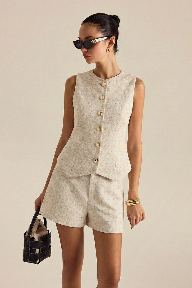 Cortina Tweed Buttoned Vest & Mini Shorts Set