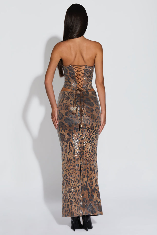 Verona Leola Sequin Leopard Print Maxi Skirt